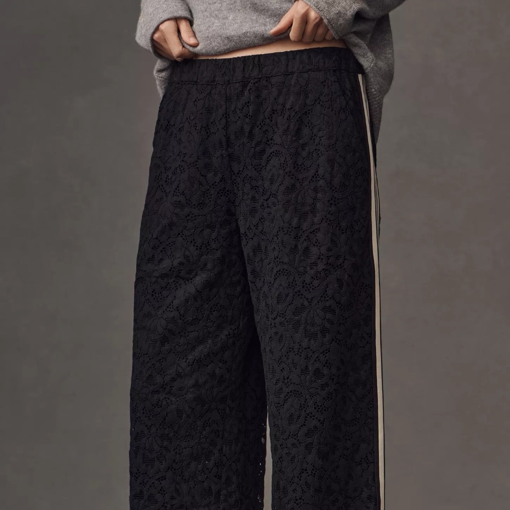 Maeve Black Wide-Leg Lace Track Pants with Cream Stripes - Picture 3 of 5